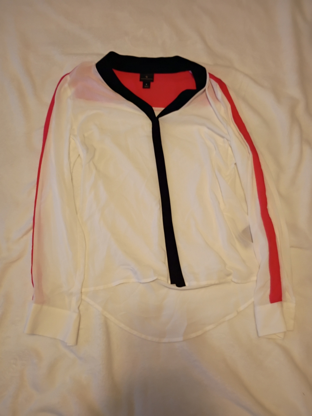Worthington White Button-Down Blouse with Pink Sleeves & Black Trim
